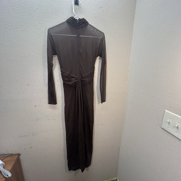 Vtg Tadashi Shoji Brown Long Mesh Sheer Sleeves Dress Formal Evening Gown SZ L - Picture 6 of 16